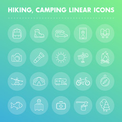 Wall Mural - Hiking, camping, outdoor line icons set, backpack, flashlight, tent, map, trail, kayak, forest, fishing, journey, camper, vector illustration