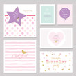 Cute cards design with glitter for teenage girls. Inspirational quotes, birthday, sweet 16 party invitation. Included polka dot and striped seamless patterns.