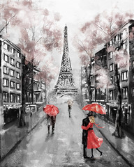 Oil Painting, Paris. european city landscape. France, Wallpaper, eiffel tower. Modern art. Couple under an umbrella on street