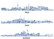 Tokyo, Seoul, Sydney and Auckland skylines in soft blue color palettes vector illustrations