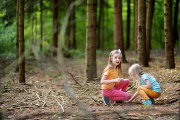 Wall Mural - Two funny little sisters having fun during forest hike