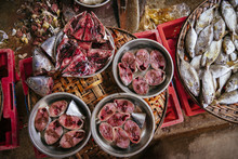 Overhead View Of Chopped Fish Displayed At Market
