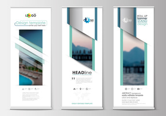Wall Mural - Roll up banner stands, flat design, abstract geometric templates, modern business layouts, corporate vertical vector flyers. Blue color travel decoration, easy editable, colorful natural landscape.