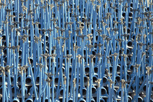 Stacked Blue Metal Pipes Outdoors