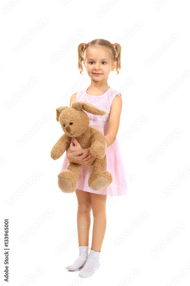 Cute little girl with bunny isolated on white Stock Photo | Adobe Stock