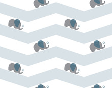 Seamless Elephant Parade Chevron Pattern. Repeating Baby Elephants. Vector Illustration Of Walking Elephant Herd Squirting Water Out Of Trunk. Minimal Flat Art Neutral Newborn Baby Concept.