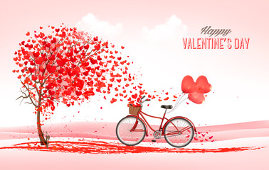 Fototapete - Valentine holiday background with heart shaped tree and bicycle