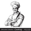 Chef posing with crossed arms and knife in his hand. Cook .Hand drawn vector illustration.
