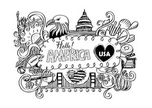 USA Travel Symbols In Hand Drawn Sketch