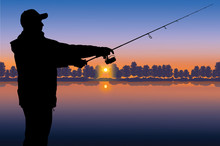 Fishing Vector. Silhouette Of Fisherman On Sunset Background