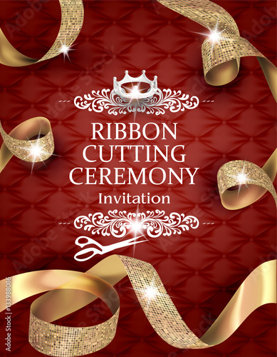 Fotografie, Obraz Elegant vintage ribbon cutting ceremony card with silk textured curled gold ribb