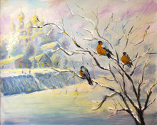 Original Oil Painting Of Birds On A Tree In Winter Village On Canvas. Modern Impressionism Art. Artwork.