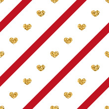 Gold Heart Seamless Pattern. Golden Glitter Love Confetti Hearts On Red White Line Background. Diagonal Stripe. Design Valentine Day, Wedding Wallpaper. Modern Holiday Texture Vector Illustration