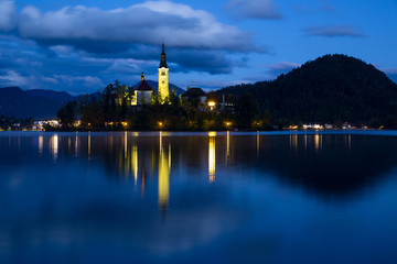 Canvas Print - Church of Bled by night in Slovenia, Europe