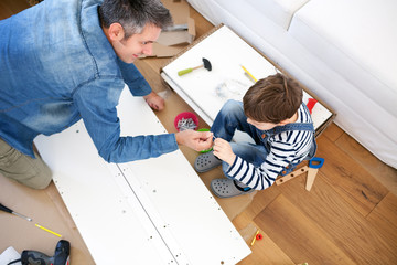 Wall Mural - Father and son assembling furniture