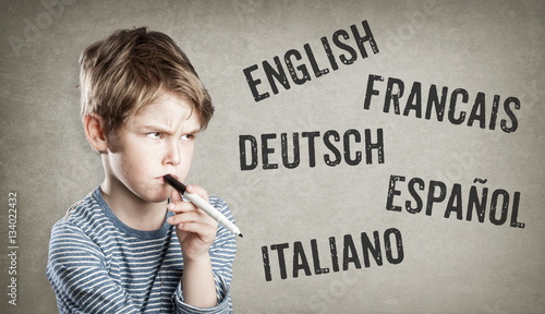Five languages, Boy on grunge background Canvas Print