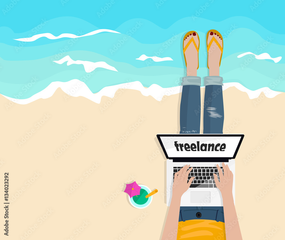 Freelance. Work on the beach. Freelancer typing on laptop. Top view. Summer  time. Stylish vector illustration. Space for your text Stock Vector | Adobe  Stock, image size:1000x840