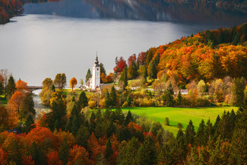 Canvas Print - Aerial view of Bohinj lake in Julian Alps, Slovenia