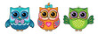 © penochka1 - Set cute funny owls. Forest bird or animal. Decorative and style toy, doll. Wonderland. Magic, fabulous story. Isolated children's cartoon illustration, for print or sticker. White background. Vector.