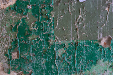 Poster - texture of old blank green wall, peeling paint, rough plaster, abstract background and a banner copy space