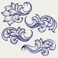 Wall Mural - Hand drawn floral baroque engraving elements on grey backdrop. ector illustration