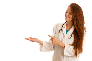 health care and medicine - young woman doctor isolated over whit