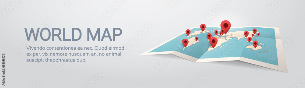 World Map Earth With Pins Travel Concept Vector Illustration