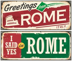 Wall Mural - Rome Italy retro post card idea with on old metal background