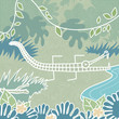 A graphic Crocodile/Alligator, with it's jaws open, sitting by a pond, surrounded by jungle.
