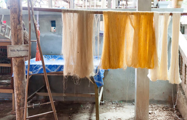 Long strands of silk hang in the sun before being dyed in Luang Prabang, Laos.