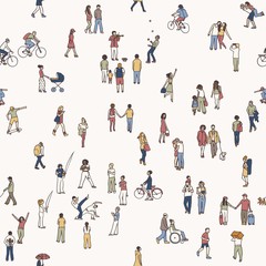 Seamless pattern of tiny people: pedestrians in the street, a diverse collection of small hand drawn men and women walking through the city