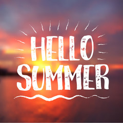 Sea Background with Lettering Hello Summer. Vector Illustration