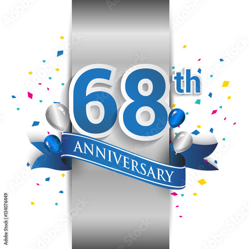 фотография 68th anniversary logo with silver label and blue ribbon, balloons, confetti