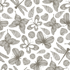 Naklejka na meble Vintage seamless pattern with hand drawn dragonfly and butterflies.