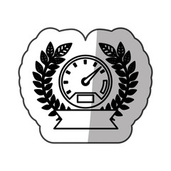 Poster - sticker speedometer monochrome with olive crown and ribbon and half shaded vector illustration