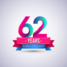 62 Years Anniversary Logo, Blue And Red Colored Vector Design