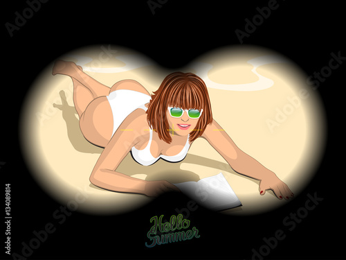 Naklejka na kafelki looking through binocular on laying woman
