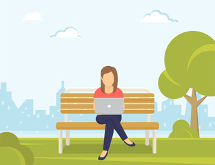 Wall Mural - Young woman sitting in the park on the bench and working with laptop. Flat modern illustration of social networking and texting to friends