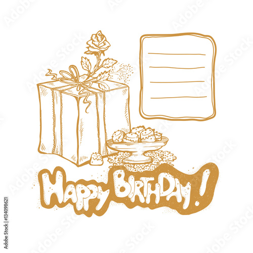 Happy Birthday Vector Golden Sketch Illustration Of Gift Box