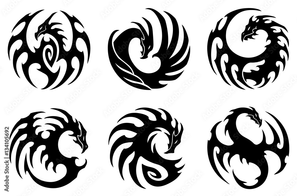 vector illustration, set of round tribal dragon designs, black and ...