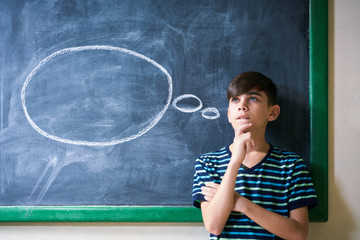 Wall Mural - Boy Student Leaning On Blackboard And Thinking At School