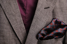 Silk Pocket Square - Handkerchief In The Breast Pocket Of A Man's Wool Luxury Suit. Vintage Style.