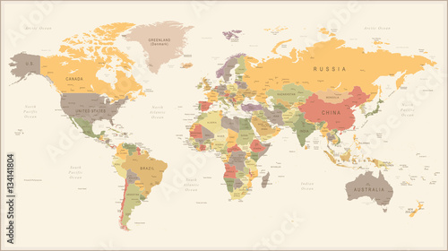 Vintage Retro World Map - illustration Poster Mural XXL