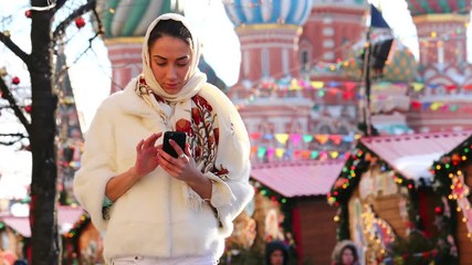 Wall Mural - Selfie. Young beautiful woman on Red Square, Moscow, Russia