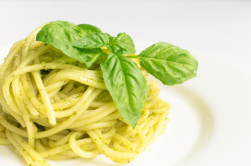 Sticker - Italian pasta spaghetti with homemade pesto sauce and basil leaf