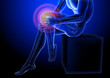 © sebos - Knee pain. X-ray of the skeleton and legs. Anatomical body of a seated man. 3d medical illustration.