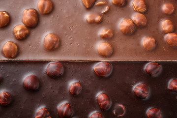 Wall Mural - Milk and dark chocolate bars with hazelnut as background