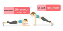 Plank Exercise For Women On White Background. Elbow Plank And Straight Plank. Healthy Lifestyle.