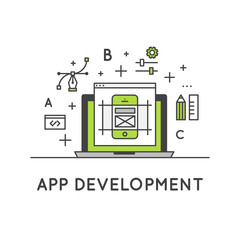 vector icon style illustration of application development process. interface, layout and performance