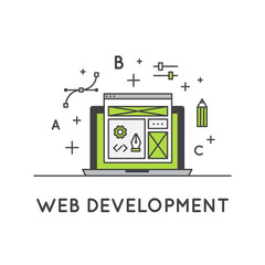 Vector Icon Style Illustration of Web Page Development Process. Interface, layout, performance optimization, seo and coding progress, Isolated Web Design Template